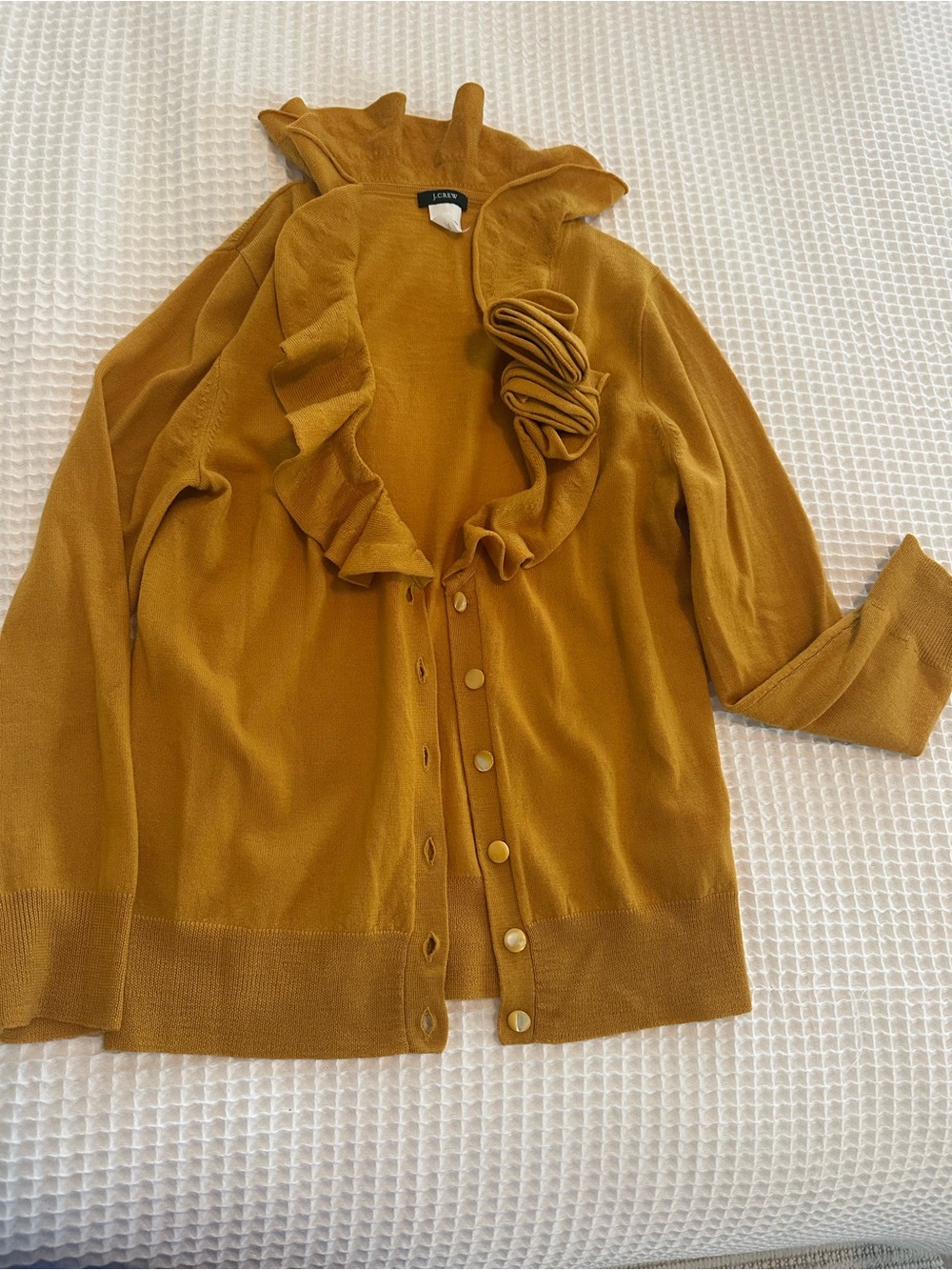 J Crew Ruffled Front Mustard Cardigan